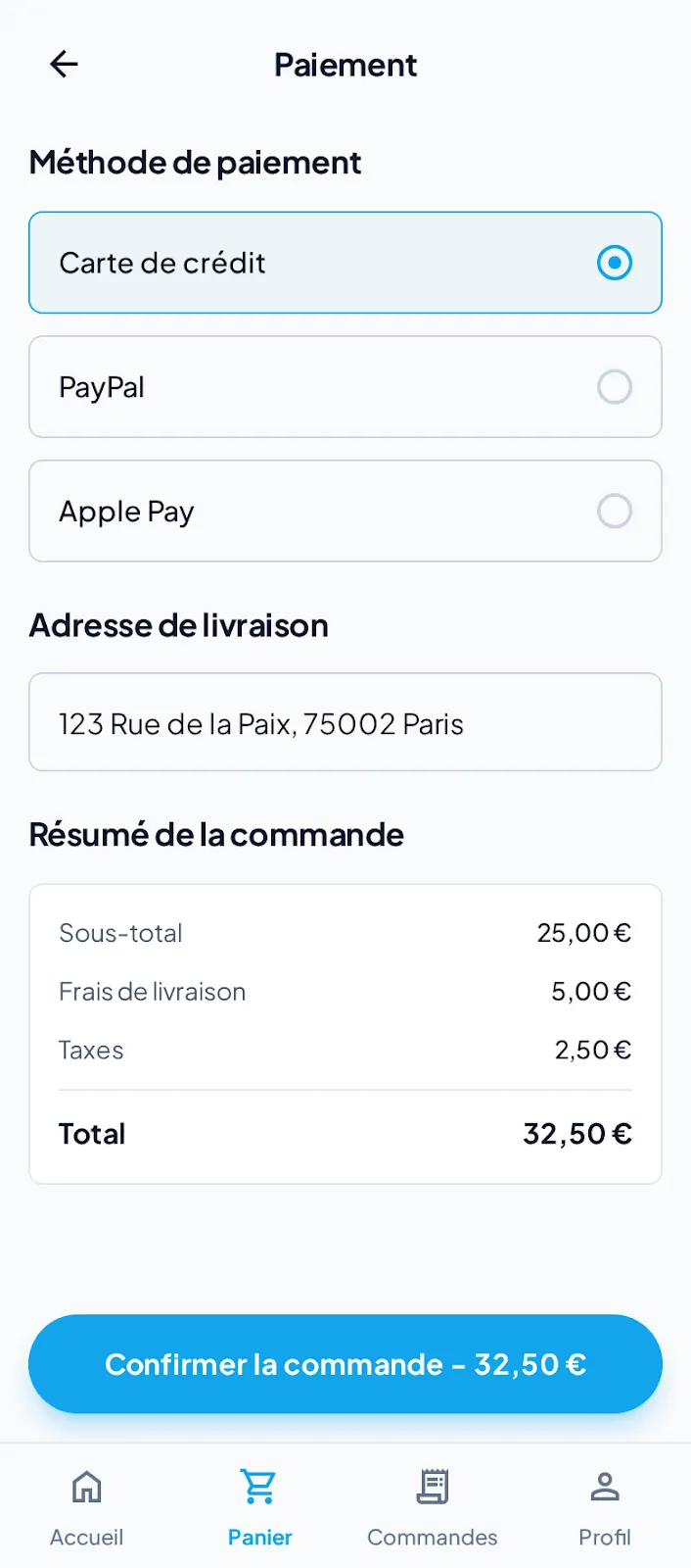 Commande livraison, écran 2
