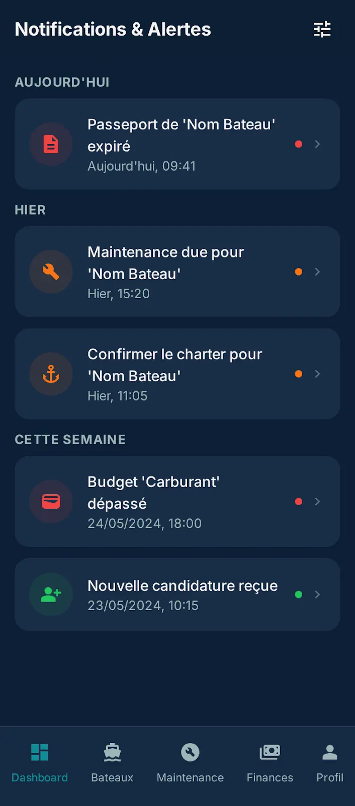 Gestion bateau, écran 1