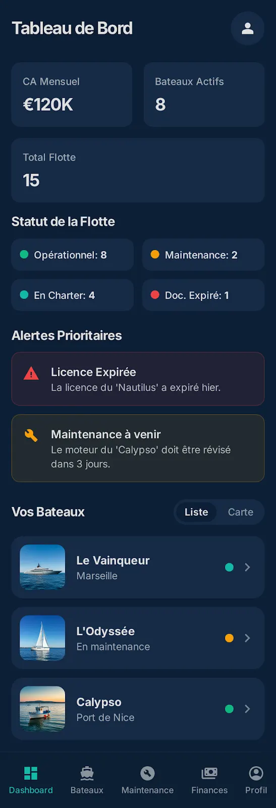 Gestion bateau, écran 2
